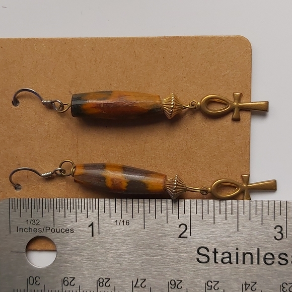 Wooden gold rone dangle with cross hanging earring; size: 3" long - Picture 4 of 4